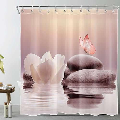 LB Zen Steine Duschvorhang 240x175cm(BxH) Weiße Blume mit rosa Schmetterling Antischimmel Wasserdicht Badezimmer Vorhänge, Ruhiges Spa Extra Breit Polyester Stoff Bad Vorhang mit Haken