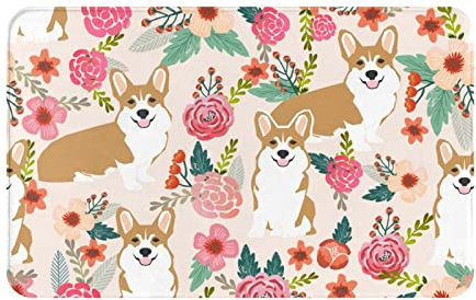 DENMER Corgi Teppich mit Blumenmotiv, leicht zu reinigen, Flanellstoff, rutschfeste Unterseite, 1,2 cm dick