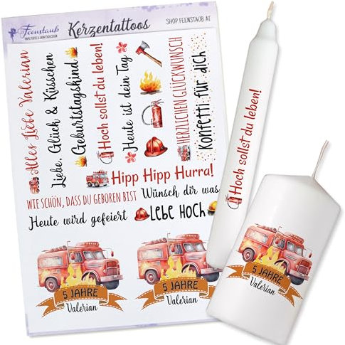 FEENSTAUB Kerzentattoos Geburtstag, Transferfolie für Kerzen personalisierbar mit Namen und Alter, Kerzen Tattoos für den Geburtstag, Kerzen beschriften, Kerzenfolie Geburtstag Feuerwehr