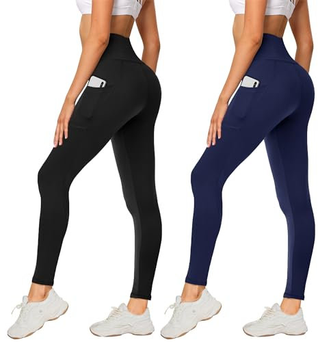 AMIYOYO Leggings Damen 2er Pack Sporthose Fahrradhose High Waist Leggins Blickdicht Elastische Weiche Bauchweg Hosen für Yoga Fitness Outdoor Freizeit(Schwarz+Dunkelblau,XXL=DE50-54)