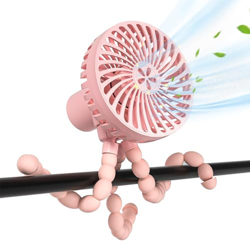 MEGAROOM Portable Baby Pram Fan - Clip on Fan for Stroller - Portable Fan with Flexible Tripod - USB Rechargeable Handheld Cooling Fan,Travel,Crib,Car Seat,Dog Crate (Pink)