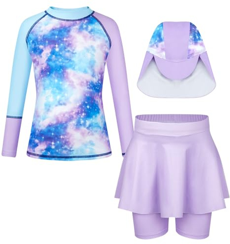 WYTbaby Badeanzug Mädchen 3 Stück Uv Schutzkleidung Kinder Lange ÄRmel Bademode Set Rash Guard mit Rüschenbesatz Badehose für Mädchen 8-9 Jahre