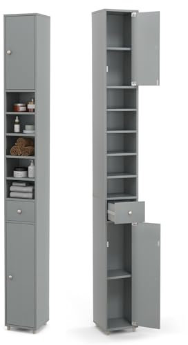GIANTEX Badschrank Hochschrank, 20 x 20 x 180 cm, Badezimmerschrank Schmal mit Schublade, 2 Türen & 5 offenen Ablagen, Schrank fürs Badezimmer & Wohnzimmer (5 Ablagen, Grau)