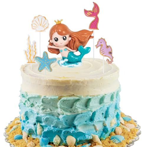 Party Go 6 Pack Resin Mermaid Cake Toppers 3D Mermaid Under The Sea Cake Picks Starfish Seaweed Seahorse Shell Mermaid Tail Cake Topper for Birthday Baby Shower Party Decoration