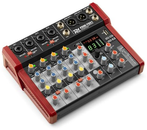 Power Dynamics PDM-Y601 Mezclador de audio 6 canales. Mesa de mezclas con Bluetooth, alimentación phantom de 48 V, USB-C. Mezclador de audio para estudio, 99 efectos DSP, 24 bits, 48 kHz, Jack, XLR