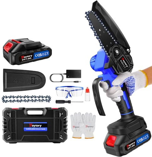 Mini Kettensäge mit Akku 4 Zoll, 21V Mini Kettensäge mit Akku Bürstenloser Motor mitMit 2 Ketten und 1 Führungsplatte, 8m/s Kette Geschwindigkeit Elektrokettensägen für Hof und Industrie