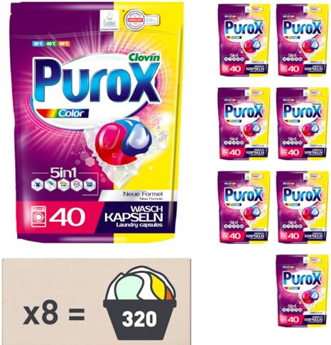 PUROX COLOR Detergente Lavadora Cápsulas (40 Lavados x8) – para ropa de color, elimina manchas, protege colores, totalmente enjuagable, ecológico, Doypack Multipack 8 Unidades