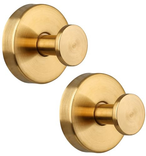 Neknock Suction Cup Hooks for Shower, Towel Hooks for Bathroom Kitchen Glass Mirror Tile, Stainless Steel Suction Hooks for Hanging Towel Coat Loofah Robe up to 15 lbs, 2 Pack (Gold)