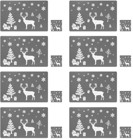 Scettar 16 Christmas PVC Placemats Coasters Cutlery Set, Set Christmas Placemats, Washable Heat Resistant Reindeer Xmas Heat Resistant Placemat for Dining Table Decoration (Grey)