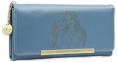 RolaOnly Personnalisé Portefeuille Femme Grand Format Photo et Nom Portefeuille avec Pochette de Monnaie Porte-Cartes Cadeau pour Femme Anniversaire Noël (Bleu)