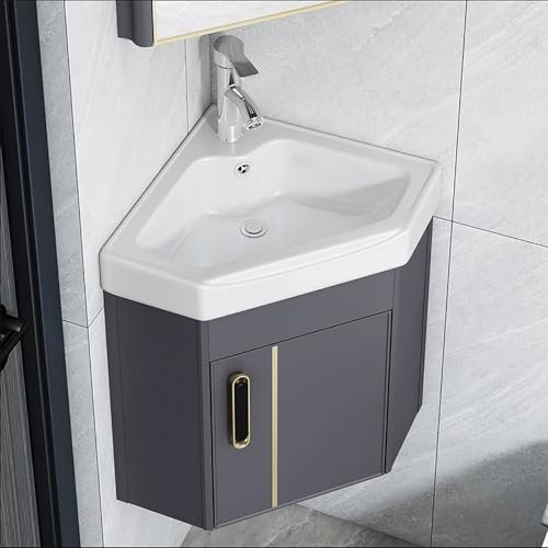Évier de salle de bain d'angle Meuble lavabo d'angle avec évier Petit évier d'angle Petit évier mural d'angle Meuble de salle de bain avec rangement Meuble de salle de bain avec robinet et tuyau(GRAY,