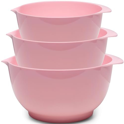 ZAROCRUS Nesting Melamine Mixing Bowl Set with Pour Spouts, Set of 3, Nesting Design Saves Space, Non-Slip, Size 2, 2.9 and 3.9qt, for Prepping, Mixing, Baking, Cooking, Pink