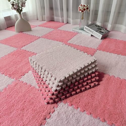 Gsogcax 10PCS Foam Play Mats for Floor 30x30cm Rugs for Living Room Soft Shaggy Rug Baby Large Interlocking Foam Play Mat Carpet Squares Anti-Skid Floor Carpet - Dark Pink