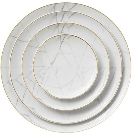 WANSLO Platos De Postre Vajilla de porcelana con borde dorado de mármol blanco, platos de porcelana occidental de exportación, juego de 4 Uds. Vajilla De Cena