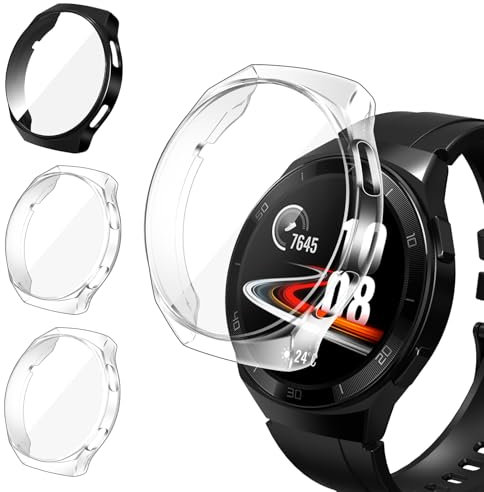 iVoler 3 Pezzi HD Clear Cover con Pellicola Protettiva per Huawei Watch GT 2e, Copertura Completa Custodia Anti-Graffio Ultra Sottile Morbida TPU Case, 2 Trasparente + 1 Nero