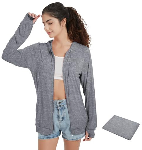 QBK Light Weight Zip Up Hoodie Thin Summer Jacket For Women, Light Charcoal, XXXL
