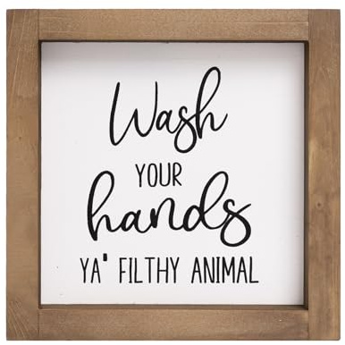 flangairy Wash Your Hands You Filthy Animal Sign Decor, 6 x 6 Inch Wood Framed Funny Bathroom Wall Art for Toilet Restroom, Humorous Wall Decor for Home Apartment Table Shelf