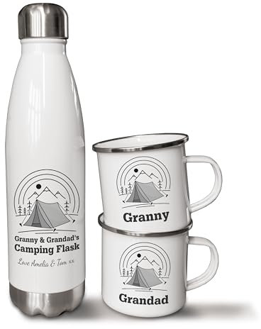 Personalised 500ml Thermal Flask and Enamel Mugs. Camping Tent Mug and Flask Set. Outdoor Adventure Gifts
