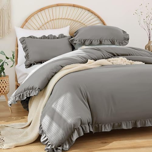 Covebett Rüschen Bettwäsche 155x220 Grau Hellgrau Uni Romantische Rüschenbettwäsche Set Bettbezug Einfarbig Weich Renforce Mikrofaser Einzelbett Deckenbezug mit Kissenbezug 80x80 cm Reißverschluss