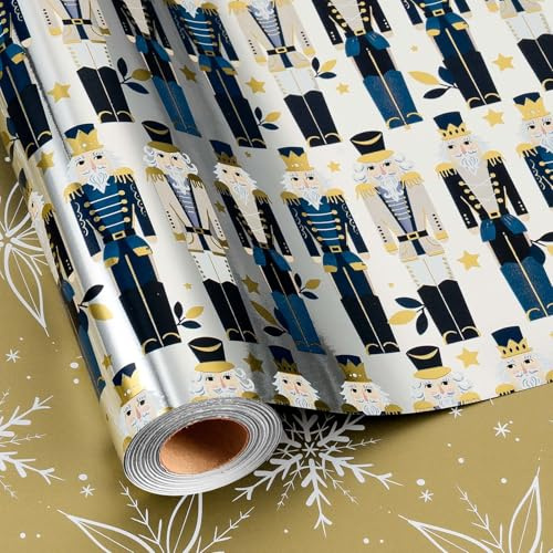 Burymento Christmas Wrapping Paper, Reversible Silver Nutcracker Design Gift Wrapping Paper Suitable for Christmas, Mini Roll (17 Inch X 32.8 Feet)