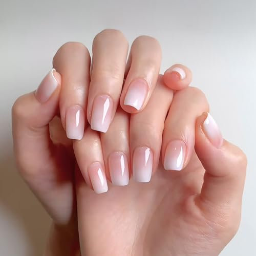 Ombre Press on Nails - 24Pcs False Nails with Glue & Sticker - Medium Coffin Square Fake nails - Gradient Nude Ballet Stick on Nails - Full Cover Nail Tips Long Lasting Removable