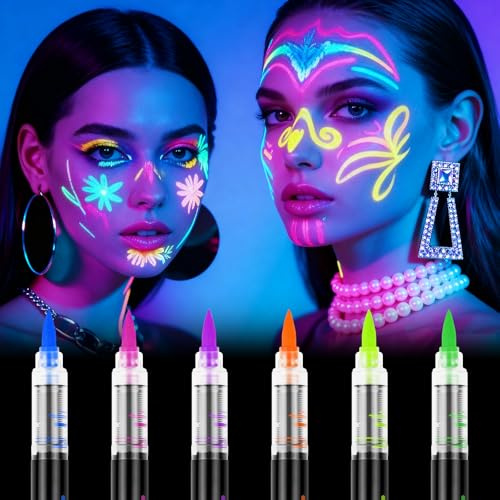 Alaoo Pintura Cara Neón Brillante UV, 6 Ceras Fluorescente Color La Cara | Marcadores Corporales Fluorescente, para Halloween, Mardi Gras, Fiesta de Disfraces