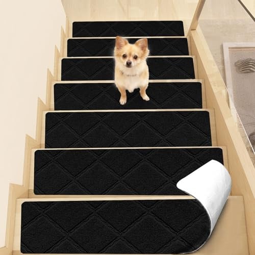 YushengTai Antiderapant Escalier, 15 Pièces Tapis Escalier Antidérapant Autocollant, Moquette Escalier Protection pour Animaux de Compagnie et Enfants Plus âgés (Noir, 55 cm x 19 cm)
