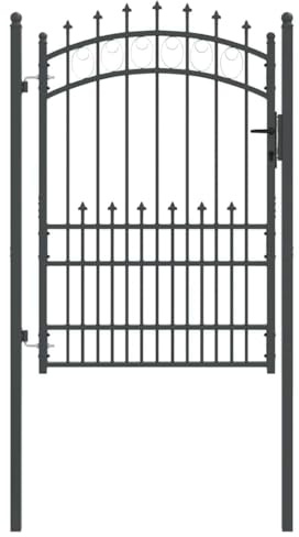 vidaXL Fence Gate with Spikes, Grey, 170 x 100 cm, Powder-Coated Steel, Arched Garden and Patio Gate, Modern Steel Fence with Tips - Safety Barrier