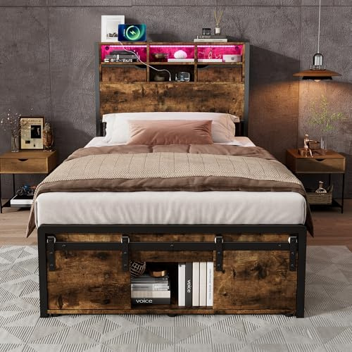 Ball & Cast Metal Bed, Iron Bed, 3ft single bed 90×190cm, With multi-color LED strip lights and charging port: 2 A-type and 1 C-type, With storage space, Black + wood color