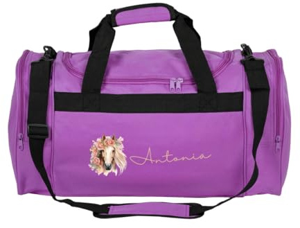 Minimutz Sac de sport pour enfants avec cheval, sac de voyage pour enfants, sac d'équitation, sac de sport pour enfants, avec nom 26 l, lilas, 54 x 28 x 26 cm