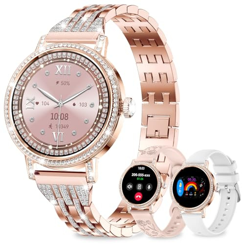 fitonyo Smartwatch Damen mit Telefonfunktion Diamant,3 Armbänder,1,27 HD Smartwatch Bluetooth-Anrufe,SpO2/Blutdruck/Schlaf/Schritte/Kalorien,120 Sportmodi IP68 Fitnessuhr für Android & iOS,Roségold
