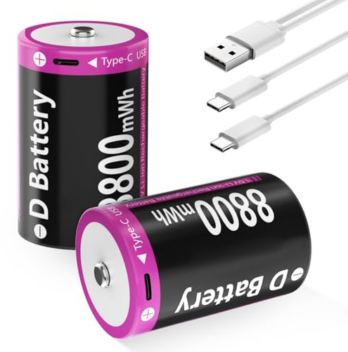 Pilas recargables tipo D, 8800 mWh de litio 1,5 V D Cell Battries con cable de carga, 2 unidades