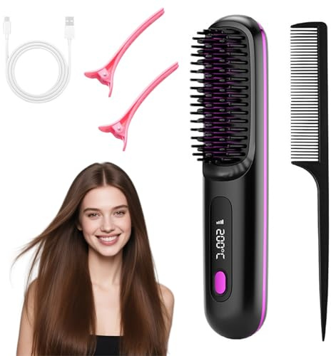 Glätteisen Kabellos,Haarglätter Bürste,Verbrühungsschutz Glätteisen,3-stufige Temperaturregelung,Kabellose Glättbürste,Hair Straightener Brush,für Unterwegs Alltag Frauen Männer