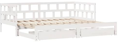 vidaXL Tagesbett, Bettsofa Ausziehbar mit Schubladen, Gästebett ohne Matratze mit Lattenrost, Ausziehbett Schlafsofa, Weiß 80x200cm Massivholz Kiefer