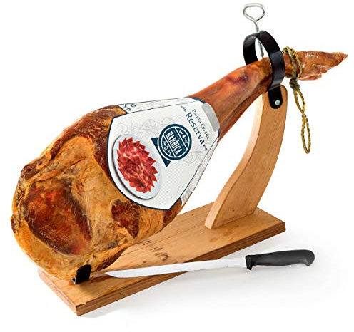 Schinken-Set mit Schinkenständer und Messer | Serrano-Schinken Paleta Reserva Barrica | Vorderschinken aus Spanien | 12 Monate luftgetrocknet und gereift | Von Jamones España | Stückgewicht 4,5kg