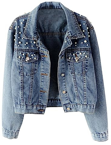 Hixiaohe Damen Jeansjacke, übergroß, bestickt mit Perlen - Blau - X-Large