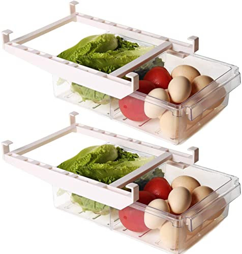 shopwithgreen Kühlschrank Organizer Schublade mit Griffen–2 Stücke Kühlschrankbox mit versenkbarer Stange - Transparent Aufbewahrungsbox Schubladen Container -Geeignet für die Meisten Kühlschränke