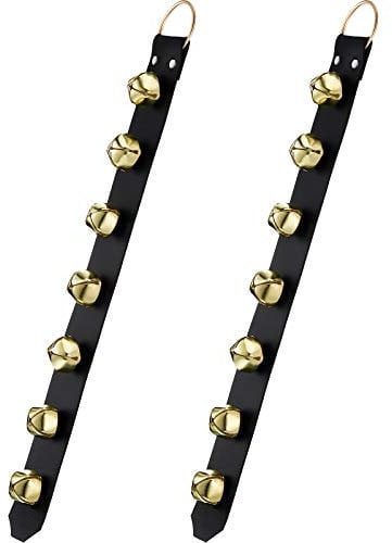 Frienda Gold Hanging Bells 7-Bell Dog Doorbells for Door Knob Faux Leather Belts Go Outside Dog Bells Christmas Decor and Holiday Home Decorations (18.7 x 1.8 x 1 Inches)
