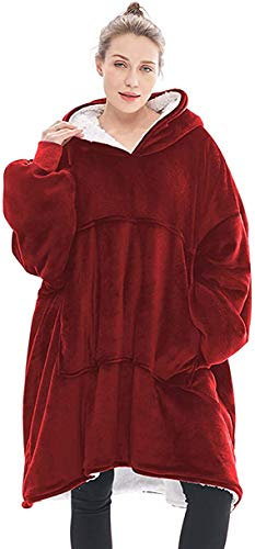 Oversized Sherpa Wearable Sweatshirt Blanket Hoodie, Super Soft Warm & Comfortable, One Size Fits All - Adults Kids Men Women (Red)
