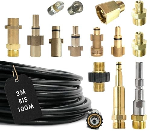 Rohrreinigungsschlauch 15-Teilig für Kärcher Kränzle NILFISK ALTO WAP HD HDS Parkside Black & Decker Bosch Lavor KEW Kinzo Anschluss 1/8 AG M22 x 1,5 IG & Bajonett KEW Quick Connect EASY!Lock 20m