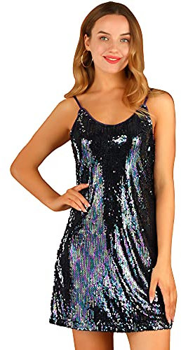 Allegra K, Mini Abito da Donna Scintillante con Glitter e Paillettes, Spalline Sottili e Scollo a V, Adatto per Feste, Cocktail, Discoteca, Colore: Viola e Verde., S