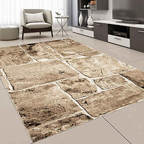 Teppich Wohnzimmer Kurzflorig Mauer Motiv in stilvollem Design in Braun/Beige Deko, Maße:120 x 170 cm