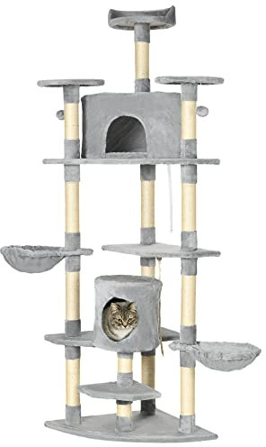 PawHut Árbol Rascador para Gatos Altura 200 cm Torre para Gatos con 2 Cuevas 2 Hamacas Cama Múltiples Plataformas Postes de Sisal y Bolas de Juguete 60x60x200 cm Gris