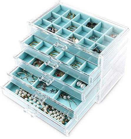 Frebeauty Acryl-Schmuck-Organizer, Ohrring-Organizer-Box mit 5 Schubladen, transparente Schmuckschatulle mit Samtablagen für Damen, stapelbarer Ohrring-Halter für Ringe, Nieten und Armbänder (Türkis)