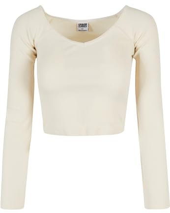 Urban Classics Women's Ladies Short Rib Wide V-Neck Longsleeve T-Shirt, Whitesand, XXXXL