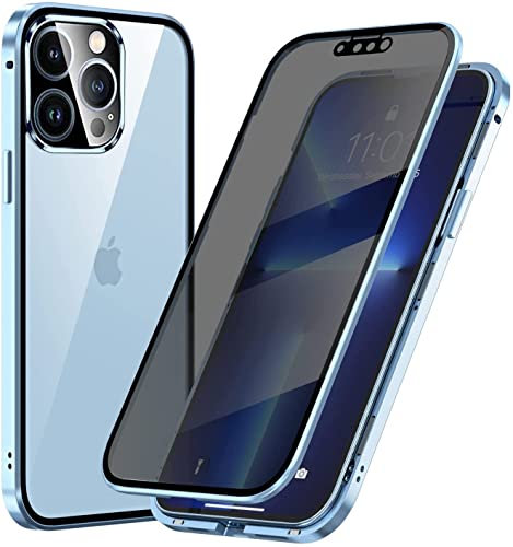 Anti-Peep Magnetische Adsorption Hülle für iPhone 14 Pro Max, Anti-Spy Handyhülle 360 Grad Metall Case Privat Screen Schutz doppelseitige Gehärtetes Glas Schutzhülle Anti-Spähen Case Cover,Blau