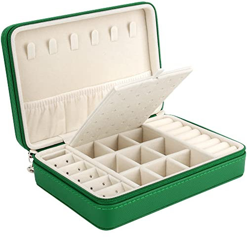 Casiwaft Schmuckkästchen Organizer für Mädchen Frauen, Kleines Kunstleder Reise Schmucketui mit Reißverschlüssen, Schmuck Organizer Aufbewahrung für Ringe Ohrringe Halskette, Jewellery Box, Grün