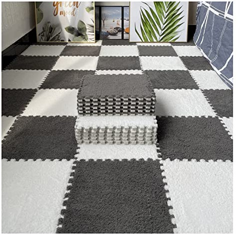 12 Pcs Interlocking Carpet Tiles, Plush Foam Square Floor Mats Set, Puzzle Floor Mat For Living Room, Bedroom And Hard Floor, 12 Tiles/12 Sq.Ft(Color:Grey+White)