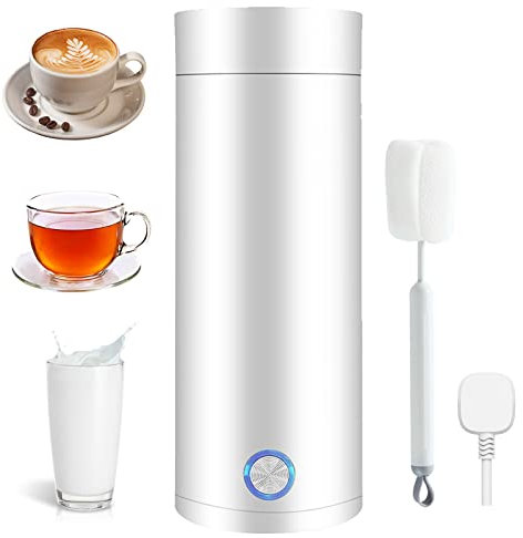 Bouilloire Portable de Voyage USB, 3 en 1 Bouilloire Voyage, Thermos Chauffant Sans Fil, 400ml Bouilloire Electrique Portable, avec Brosse de Nettoyage, Arrêt Automatique pour Thé, Lait, Café (Blanc)
