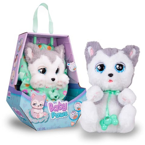 BABY PAWS Sleeping Puppies Husky- Peluche Interactivo con Sonidos que Abren y Cierran los Ojitos e Incluyen una Bolsita-Manta-Regalo óptimo para Niños y Niñas +3 Años